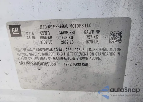 2016 Chevrolet Sonic Ltz Auto from USA, damaged, VIN 1G1JE6SB4G4159056